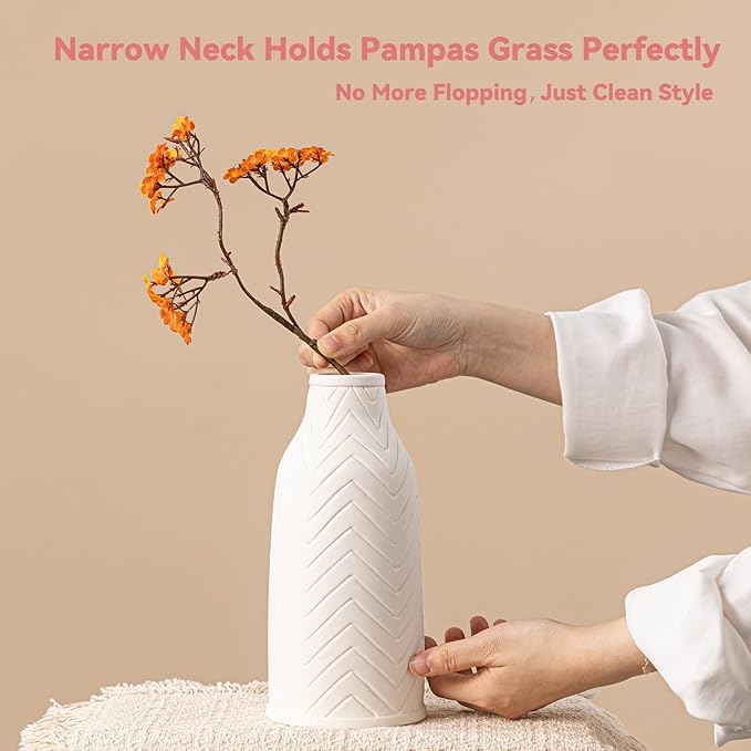 White Ceramic Vase with Chevron Texture - 8.6" Unique Flower Vase for Pampas Grass & Centerpieces, Decorative Boho/Farmhouse Vase for Living Room, Office Desk & Housewarming Gift (for Her/Yourself)