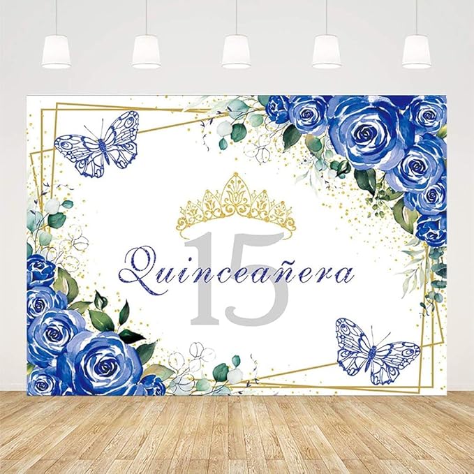 SENDY 10x7ft Quinceañera Backdrop Mis Quince 15 Anos Birthday Party Decoration Supplies for Girl Princess Royal Blue Floral Butterfly Gold Crown Photography Background Banner Photo Booth Studio Props