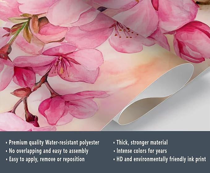 Watercolor Cherry Blossom Wall Mural, Japanese Cherry Blossom 3D Wall Murals, Simple Elegant Flowers Wallpaper Mural, for Living Room Bedroom Large Wallpaper Indoor Decor 98.4" W x68.9 H