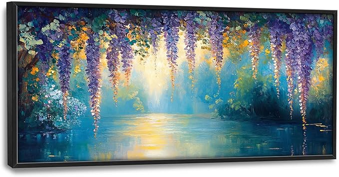 Wisteria Floral Large Wall Art Country Flower Pictures Wall Decor Lake Canvas Landscape Print Painting Modern Artwork Home Decoration for Living Room Bathroom Bedroom Office Framed 60"x30"