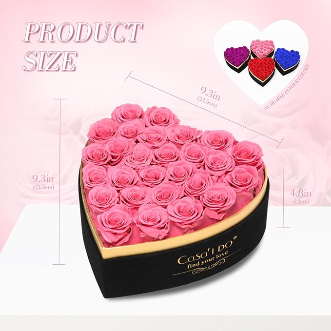 Preserved Roses Flowers for Delivery 27 Pcs, Forever Flores in Heart Box with Necklace, Eternal Rose Anniversary Birthday Gift for Women Wife Girlfriend, Rosas for Valentines Christmas, Pink