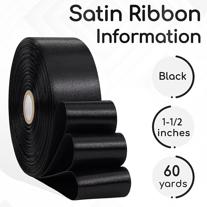 Black Ribbon 1-1/2 Inch x 60 Yards, Black Satin Ribbon for Crafts, Gift Wrapping, Flower Bouquet, Birthday, Wedding and Festival Decor
