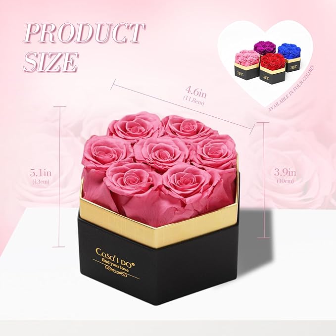 Preserved Roses Flowers for Delivery 7 Pcs, Forever Flores in a Box with Necklace, Eternal Rose Anniversary Birthday Gifts for Women Mom Wife Girlfriend, Rosas for Valentines Christmas, Pink