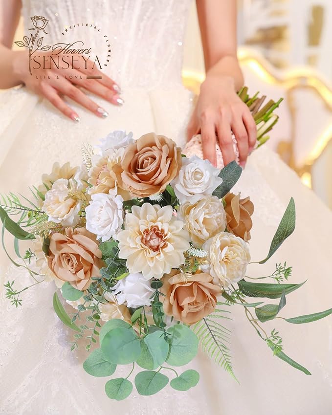 Senseya Artificial Flowers Combo, Nude Color Silk Roses, Peonies, Dahlias with Stems for DIY Wedding Bouquets, Baby Shower, Table Centerpieces, Home Decor, Fake Floral Arrangements, Party Decorations