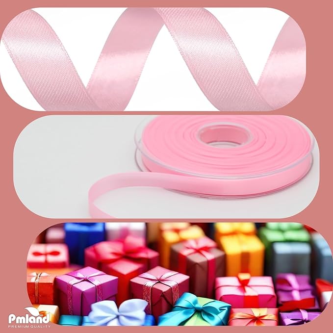 PMLAND Baby Pink Fabric Satin Ribbon 3/8'' Inch x 27 Yards Double Faced Use for Crafts Gift Wrapping Floral Bouquets Ornaments Hair Bows Party Decoration