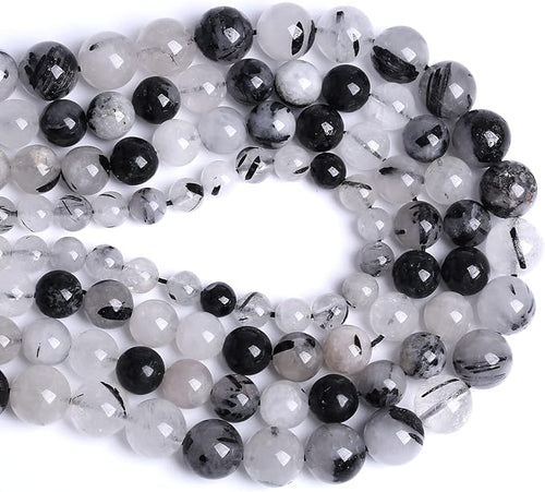 10MM 36PCS Natural Crystal Stone Black Rutile Quartz Gemstone 2A Grade Loose Beads for Jewelry Making DIY Bracelet Necklace Semi Precious Beads 1 Strand