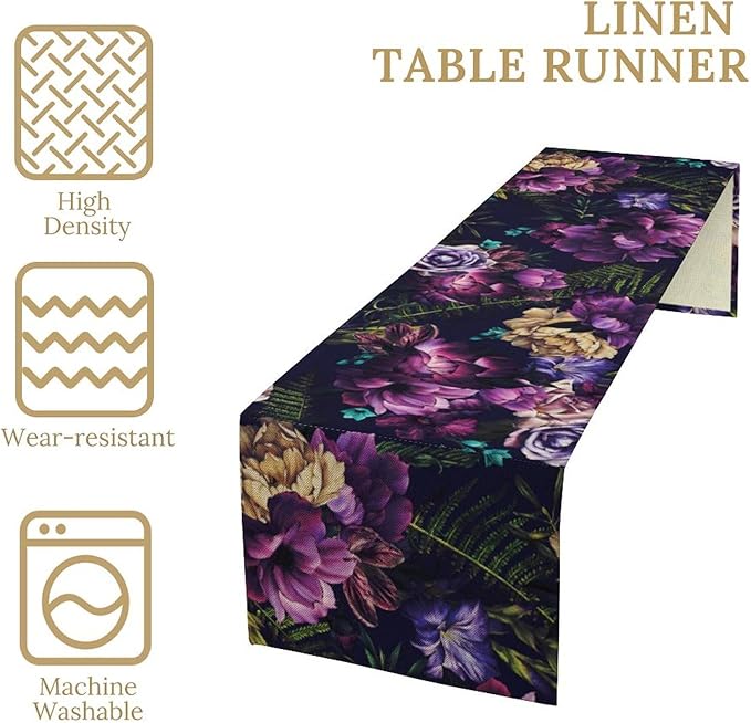 Gothic Flower Table Runner, Watercolor Vintage Dark Purple Floral Romantic Flower Blooming Table Runner for Home Kitchen Dining Table Decor, 13x60inch