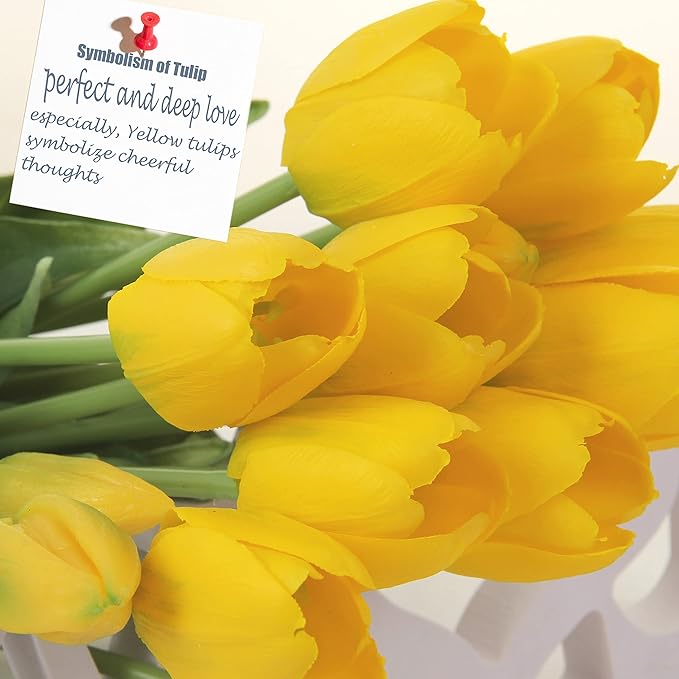20pcs Artificial Tulip Flowers,16 Inch Real Touch Tulip Stems with Faux Leaves, Faux Tulips and Buds for Home Décor Centerpiece Ornament Wedding Bouquet,Yellow