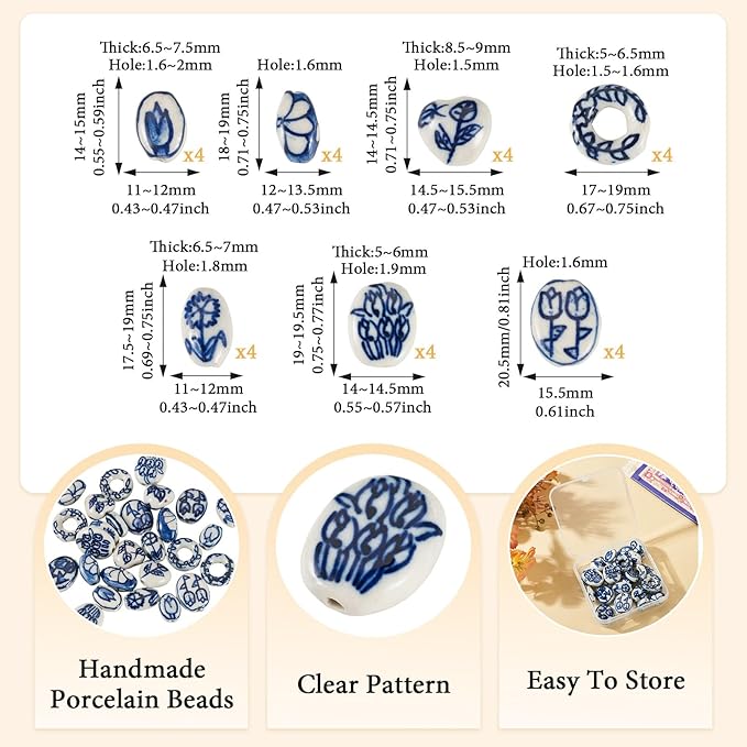 Beadthoven 28Pcs 7 Styles Flower Printed Porcelain Beads Blue White Handmade Ceramic Beads Vintage Floral Oval Barrel Heart Donut Shaped Spacers for DIY Jewelry Making Bracelets Necklace Beading Kit