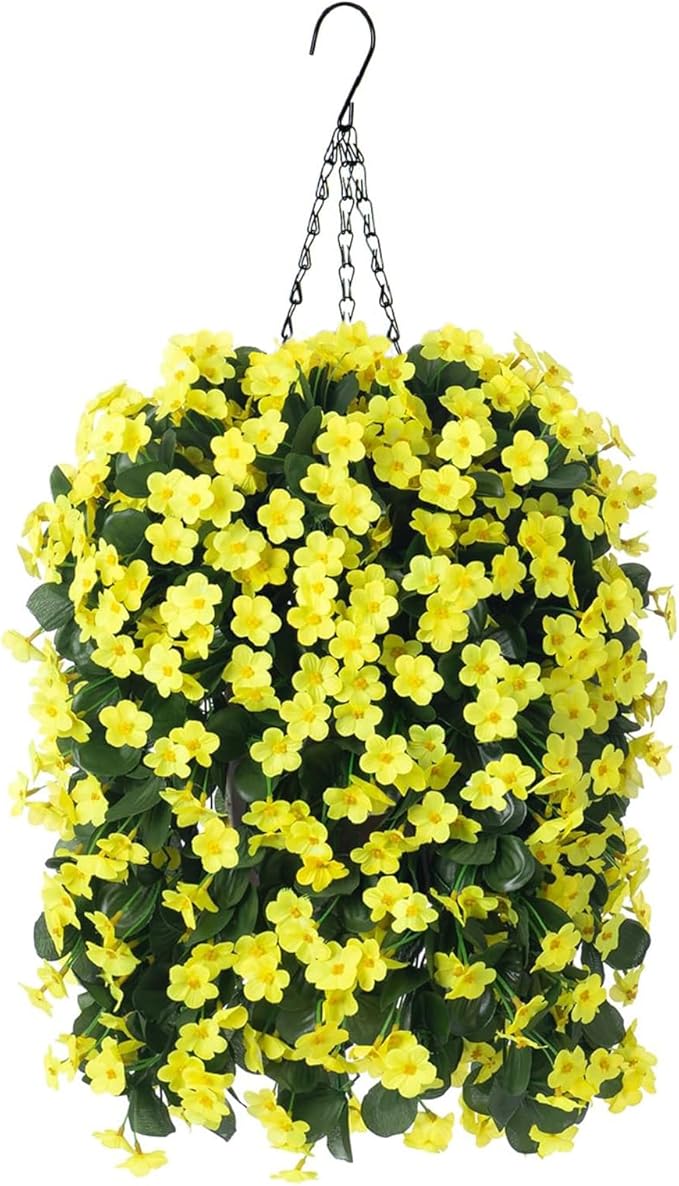 HyeFlora Artificial Fake Hanging Outdoor Flowers Plants Basket, Faux Silk Yellow Daisy Flowers UV Resistant Realistic Hanging Planter Orchid Vines for Outside Porch Patio Home Garden Yard Decoration
