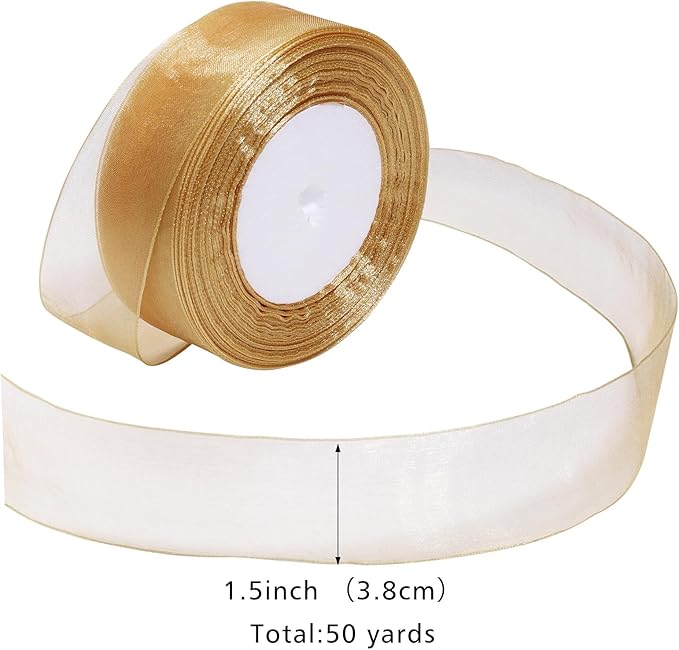 Gold Ribbon for Gift Wrapping 1-1/2 inch Sheer Organza Ribbon for Flower Bouquet Tulle Chiffon Ribbons for Wedding Invitations Christmas Decorations Crafts 50 Yards