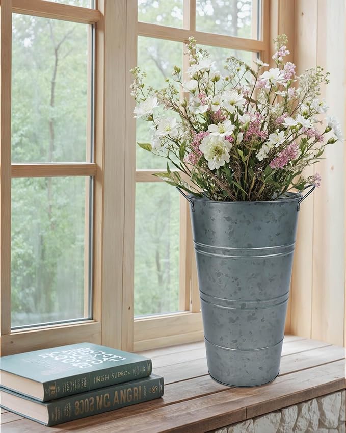 12 Inch Galvanized Metal Vases for Flowers - 2 Pcs Farmhouse Decorative Tall Flower Bucket with Handles, Rustic French Tin Planter Buckets for Wedding Decor (Galvanized Black)