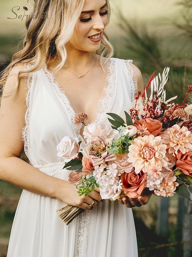 Serwalin Nude Color Artificial Flowers Combo Silk Flowers with Stems Boho Flowers Fake Cake Flowers for DIY Wedding Bouquets Centerpieces Arrangements Baby Shower Party Home Decorations
