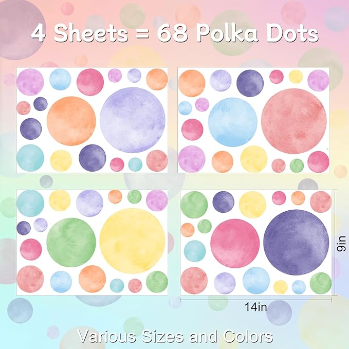 AOWDIAO 68 Large Watercolor Polka Dot Wall Decals, Peel and Stick Vinyl Stickers for Girls Bedroom, Nursery, Playroom, Classroom Pastel Decor