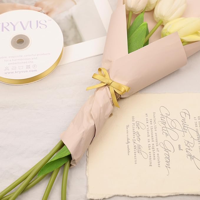 Light Gold Satin Ribbon, Double Faced 1/4 Inch X 50 Yards Light Gold Ribbon, Premium Satin Ribbon for Gift Wrapping, Crafts, Hair Bow Making, Sewing, Flower Bouquet, Wedding Party Decor