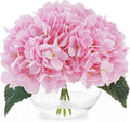 Hydrangea Artificial Flowers with Vase Blue Silk Fake Flowers Arrangements in Glass Vase with Faux Water for Home Decor Indoor (Pink)