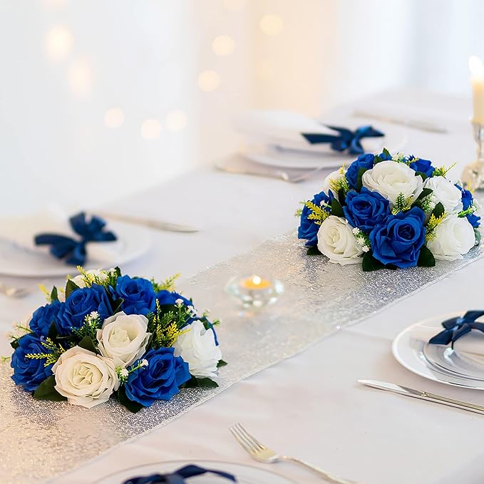 Flower Balls Wedding Rose Centerpieces: 10 Pcs Fake Flowers Royal Blue&White Kissing Balls Decor Artificial Floral Arrangements Flower Bouquet of Roses Home Party Table DIY Decorations