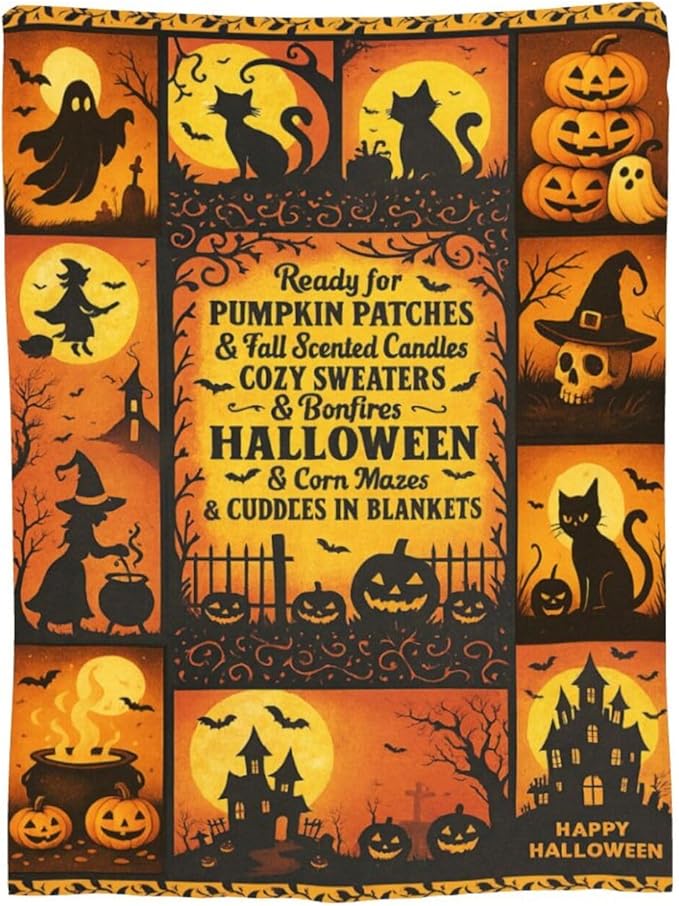 Halloween Blanket Gothic Witch Throw Blanket Pumpkin Soft Cozy Fleece Black Cat Fuzzy Stuffed Plush Ghost Skull Flannel Gifts for Girls Women Boys Kids Adults 40''x50''