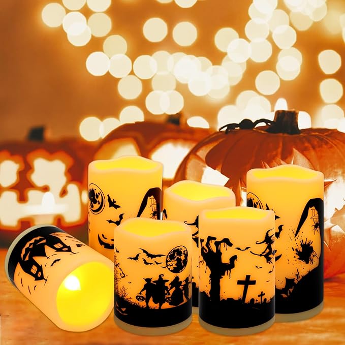 A Set of 6 Halloween-Themed LED flameless Candles, Featuring a timed Remote Control and Halloween-Themed Atmosphere Patterns, Perfect for Trick-or-Treating LED Candles，Halloween Spooky.