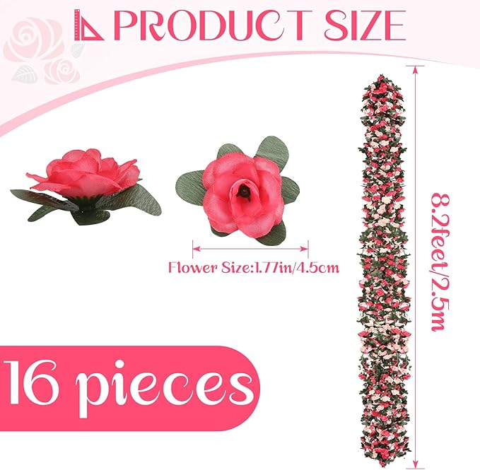 16 Pcs 131.2 FT Flower Garland,Rose Garland,Pink Flower Vines for Decoration, Wedding, Garden, Wall Decoration,Backdrop,Bedroom,Birthday Party