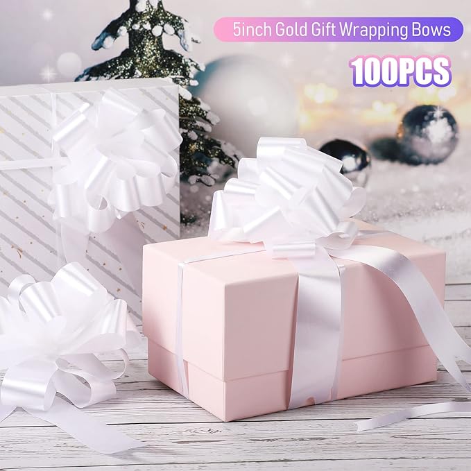 100 Pcs 5 Inch Christmas Pull Bows for Gift Wrapping, Gift Wrapping Pull Bows with Ribbon for Christmas Presents Wedding Decor Basket Bag Holiday Decor(White)