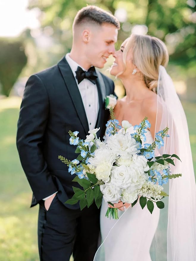 Rinlong 17.7" Wide Wedding Bouquets for Bride Baby Blue Delphinium White Bridal Bouquet for Wedding Artificial Flowers Bouquets