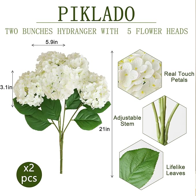2 Bunchs 21in.White Real Touch Hydrangea Artificial Flowers,with 10pcs Flower Heads 20pcs Green Leaves. Faux Hydrangea Flowers. for Home Office Decor Wedding Party Arrangements (2, White)