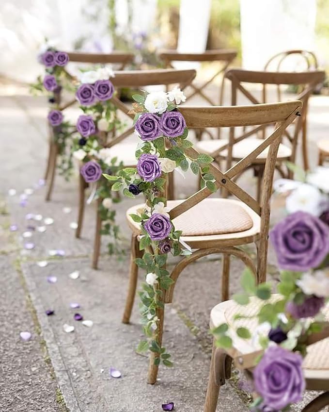 IPOPU Glitter Flowers,25PCS Light Purple Glitter Roses Fake Roses Artificial Flowers for Cake Wedding Bouquet Home Party Decoration(Lilac)