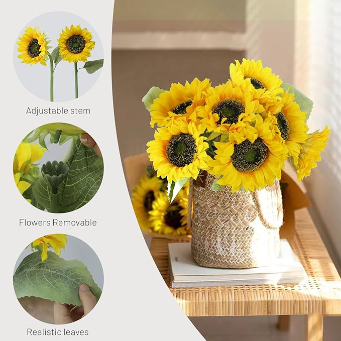 Sunflowers Artificial Flowers,7 Pcs Fake Sunflowers with Stems,Artificial Sunflower Bouquet for Sunflower Decor,Kitchen Decor,Silk Flowers for Home Decor Indoor,Flower Centerpieces for Tables