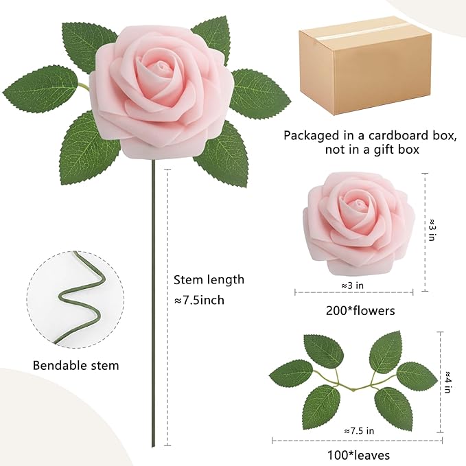 200PCS Artificial Flowers Light Pink Roses Real Looking Foam Fake Roses with Leaves and for DIY Wedding Bouquets Bridal Shower Centerpieces Party Decorations (Light Pink, 200)