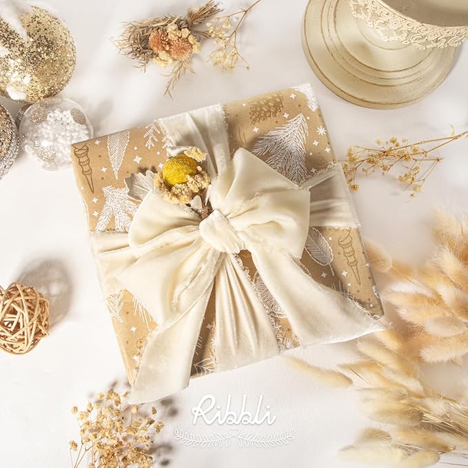 Ribbli Ivory Velvet Ribbon 2 Inch Handmade Frayed Vintage Christmas Ribbon for Gift Wrapping Christmas Tree Ornament Wreath Craft Home Decor -3 Yards