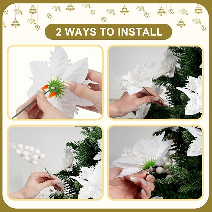 50pcs Glitter Poinsettia Christmas Ornaments, Artificial Flowers with Clips Stems for DIY Wreath Making, Holiday Home Party Decorations, Indoor Use (White)