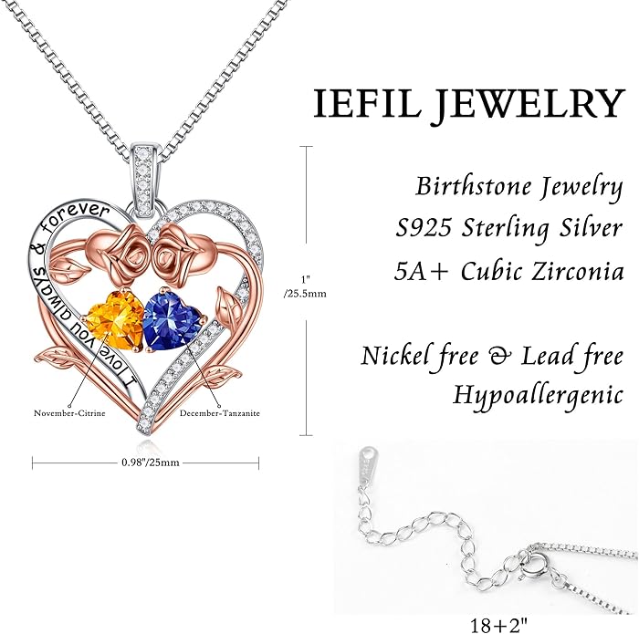 Iefil Rose Heart Double Birthstone Necklace Gifts for Wife Her Mom Women, Birthstone Jewelry Gemstone Birthday Gifts for Girlfriend Grandma Her Wife Women