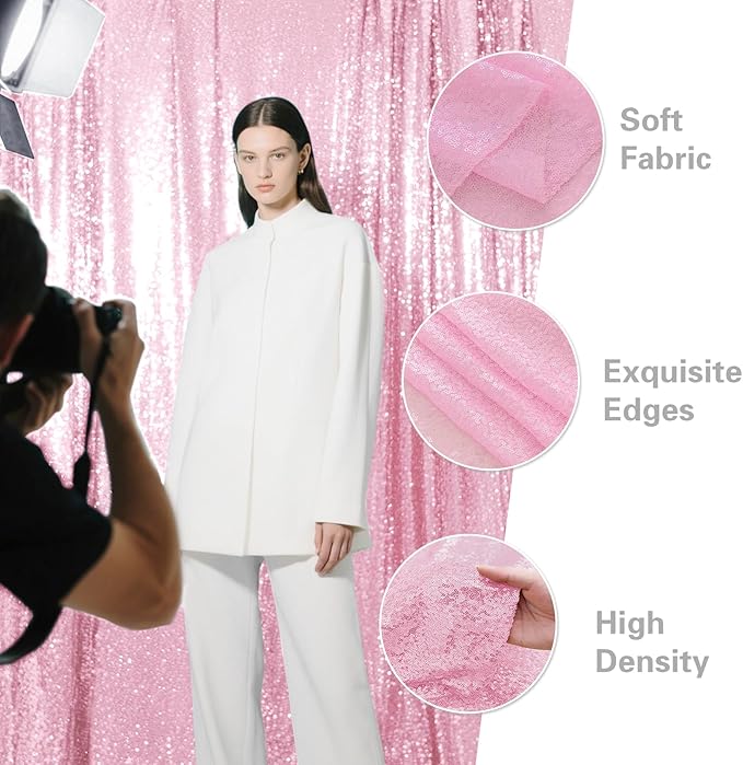 Matte Pink Sequin Backdrop Curtain 2 Pieces 2FTx8FT Glitter Photography Backdrop for Party Wedding Birthday Christmas Decorations