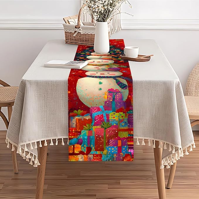 Christmas Table Runner 13 x 72 Inch, Holiday Snowman and Christmas Tree Design, Festive Red Winter Table Decoration with Gifts, Dining Table Centerpiece for Xmas Party Home Decor
