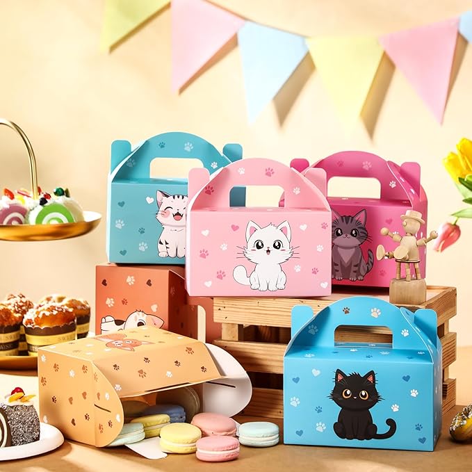 24 Pcs Cat Party Favors Treat Boxes Kitten Goodie Bags Foldable Pet Gift Bag Adopt a Kitty Goody Box Cat Themed Party Favors for Birthday Wedding Bridal Shower Supplies