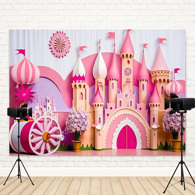 5x4ft Princess Castle Backdrop Pink Purple Floral Girl Birthday Photography Background Kids Birthdays Newborn Baby Shower Banner Decoration Wedding Party Portrait Photo Booth Prop