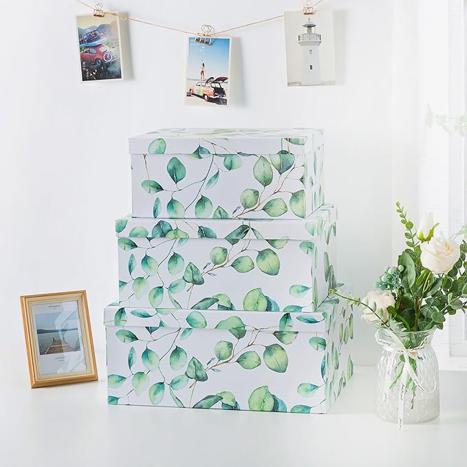 Soul & Lane Decorative Cardboard Storage Boxes with Lids for Home Decor and Organization, Set of 3 Large Keepsake Boxes for Memories & Gifts, Nesting Floral Photo Storage Containers, Eucalyptus Leaves