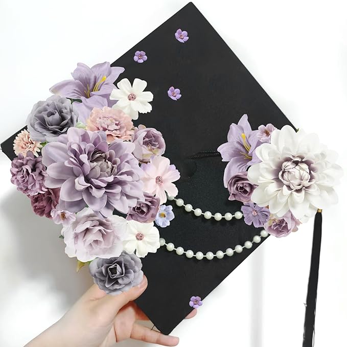 Fake Flower Heads Mini Artificial Flower Purple Faux Dahlia Rose Flowers for Crafts Cake Blossom Wreath Garland Bouquets for Wedding Bridal Party Baby Shower Graduation Season Home Decor