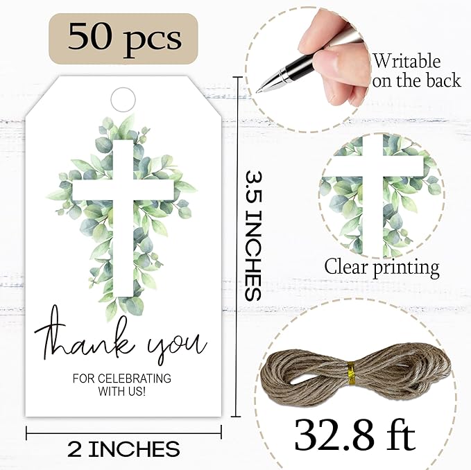 Thank You for Celebrating with Us Tag, 50 Pcs Baptism Lables, 2x3 Inch Baptism Gift Tags with String for Wedding Birthday Baby Shower Bridal Shower, Party Decoration, Cross Eucalyptus-A03