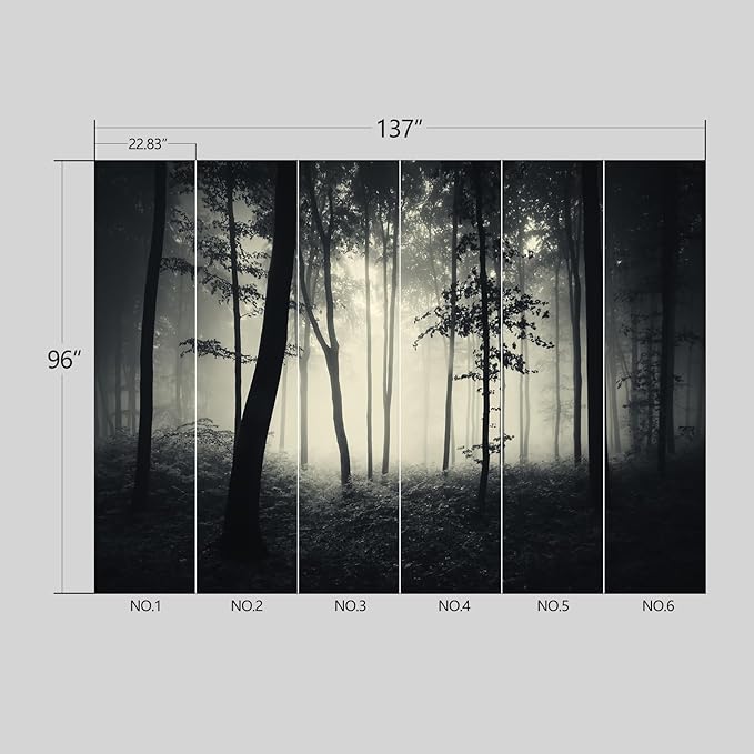Dark Enchanted Misty Forest Wallpaper Peel and Stick Wall Mural for Bedroom Living Room - 96"x137"