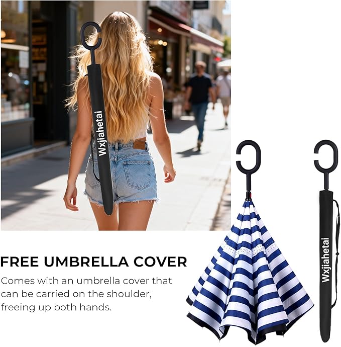 Inverted Umbrella, 49 Inch Double-Layer Vented Reverse Umbrella, Windproof Waterproof UV Protection, Lightweight C-Handle, Fiberglass Ribs, Steel Shaft, Travel/Commute/Car Use, With Sleeve