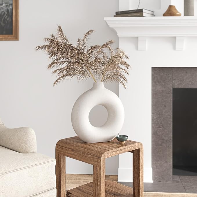 Cream White Donut Vase 9 Inch Hollow Ceramic Vase for Flowers Pampas Grass Home Decor, Modern Minimalist Boho Style Decorative Circle Vase for Living Room, Dining Tabletop, Office, Farmhouse