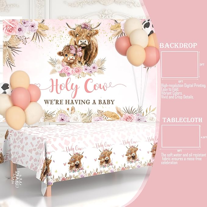 Highland Cow Baby Shower Decorations Girls, 129 PCs – Holy Cow Baby Shower Party Supplies with Floral Backdrop, Balloon Garland, It’s a Girl Cake Topper, Mommy To Be Sash, Headband