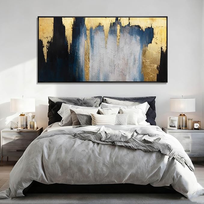 WINKAILIN Blue and Gold Abstract Canvas Wall Art with Frame Modern 29x58 Large Painting Minimalist Artwork for Living Room Bedroom Dining Room Decor