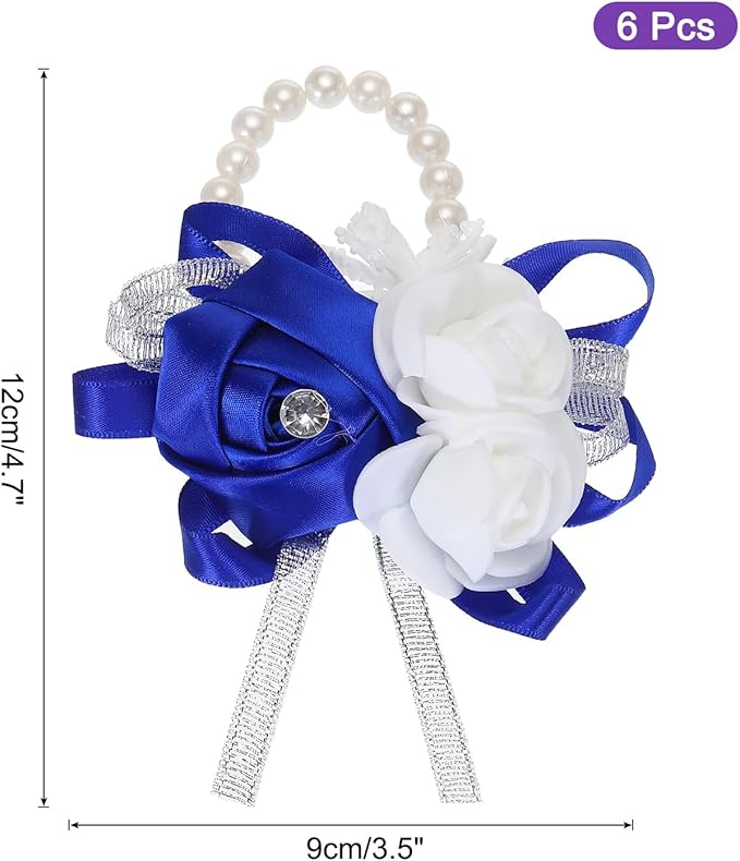 MECCANIXITY 6Pcs Wrist Corsage Artificial Flower Bracelets Rose Wrist Bride Groom Decorative for Wedding Ceremony Prom Party Anniversary Dark Blue