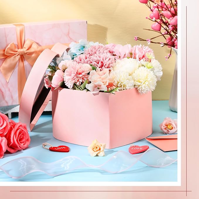 Nuenen Heart Shaped Flower Gift Boxes, Floral Gift Box with Lids Floral Foam Clear Cellophane 9.8 x 9 x 5 Inches for Birthday Wedding Proposal Packaging Arrangements(Pink)