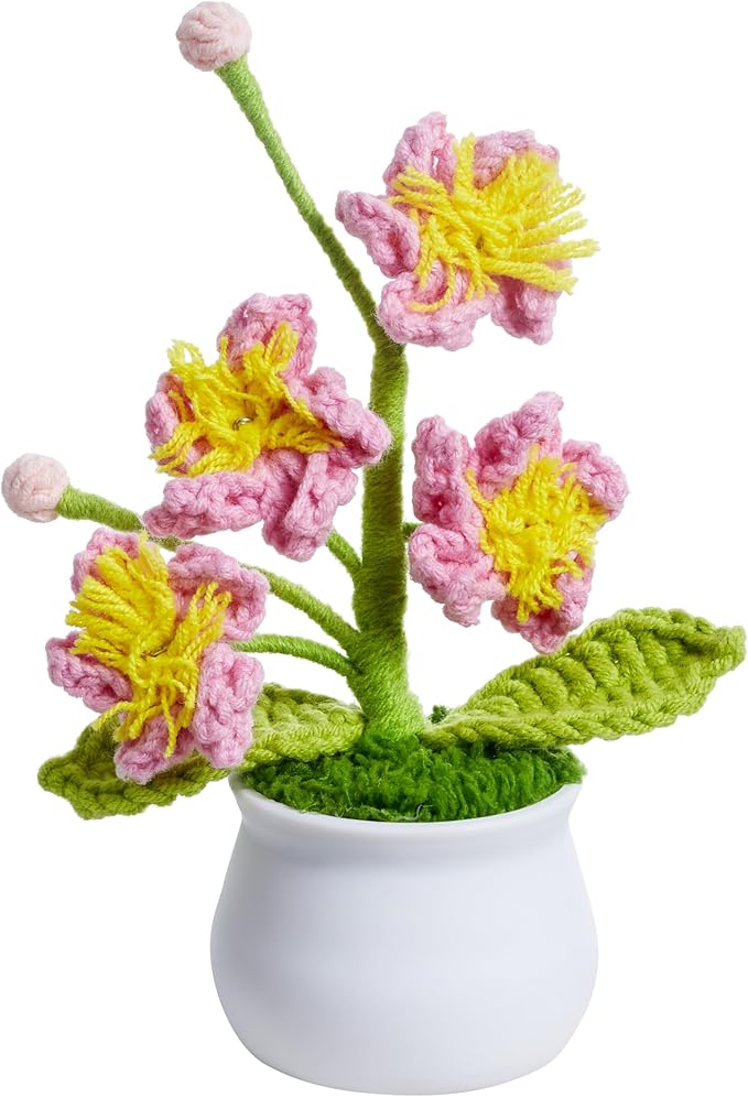 Handmade Pink Crochet Flowers Cute Potted Flower Plants, Gifts for Women, Birthday, Teacher, Anniversary, Valentines, Christmas, Decor for Dashboard,Home Room Office Decoration(Cherry Blossom)
