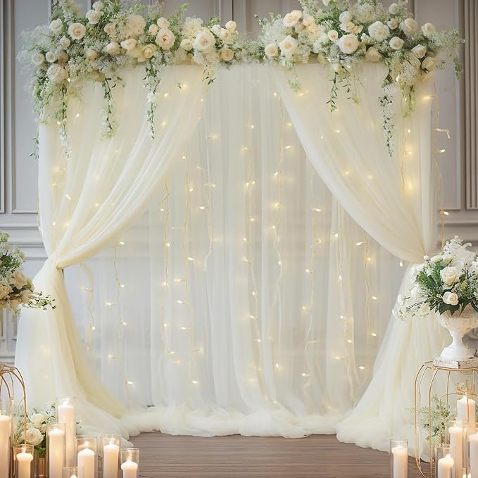 10ft x 10ft Ivory Backdrop Curtain with Lights String for Parties, Sheer Tulle Wedding Photo Backdrops Drapes for Baby Shower Birthday Party Decorations Background for Photography