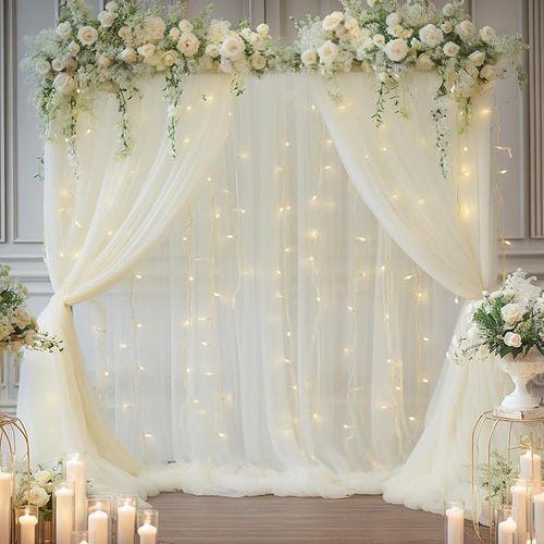 10ft x 10ft Ivory Backdrop Curtain with Lights String for Parties, Sheer Tulle Wedding Photo Backdrops Drapes for Baby Shower Birthday Party Decorations Background for Photography